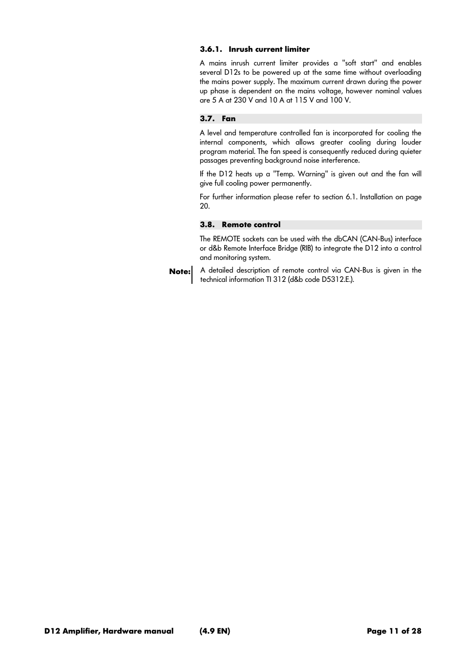 Inrush current limiter, Remote control | d&b D12 Hardware User Manual | Page 11 / 28