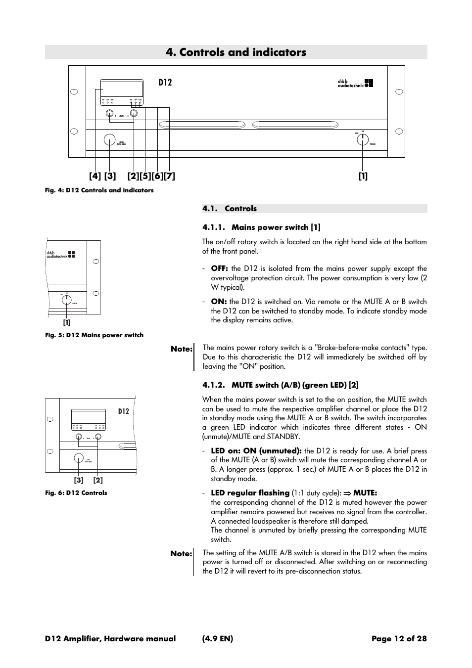 Controls and indicators, Controls, Mains power switch [1 | Mute switch (a/b) (green led) [2, Controls 4.1.1. mains power switch [1 | d&b D12 Hardware User Manual | Page 12 / 28