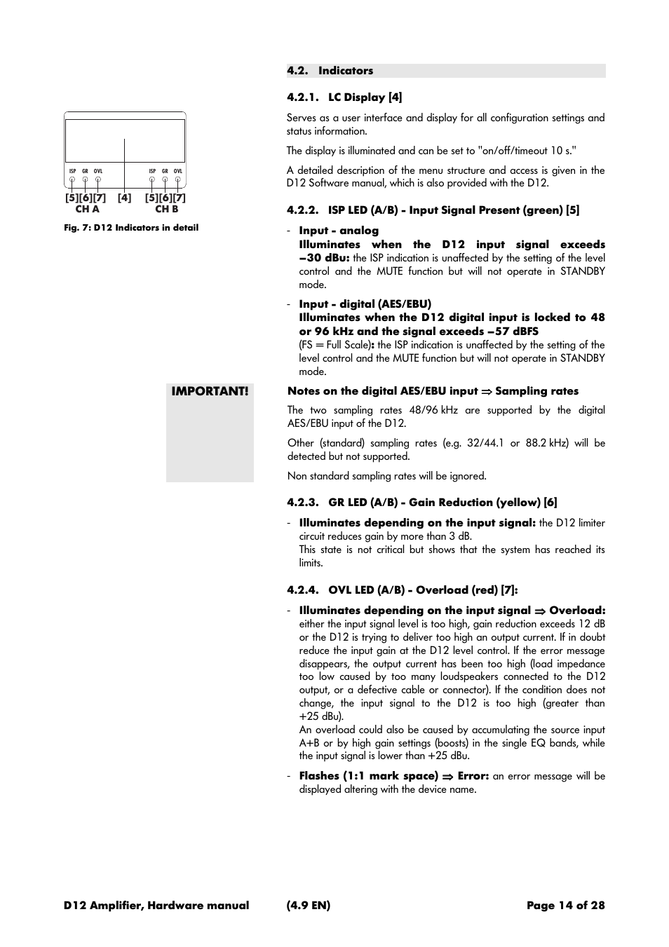 Indicators, Lc display [4, Isp led (a/b) - input signal present (green) [5 | Gr led (a/b) - gain reduction (yellow) [6, Ovl led (a/b) - overload (red) [7 | d&b D12 Hardware User Manual | Page 14 / 28