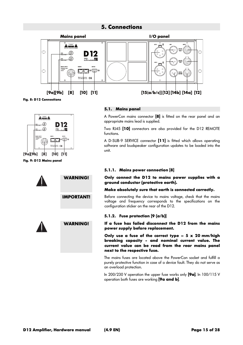 Connections, Mains panel, Mains power connection [8 | Fuse protection [9 (a/b), Warning, Important, R isk o f elect ric shock do not open | d&b D12 Hardware User Manual | Page 15 / 28