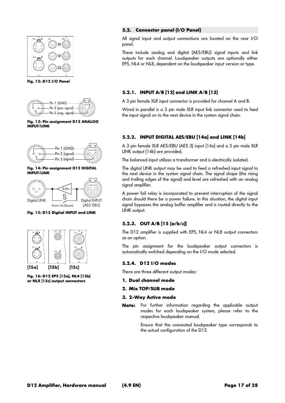 Connector panel (i/o panel), Input a/b [12] and link a/b [13, Input digital aes/ebu [14a] and link [14b | Out a/b [15 (a/b/c), D12 i/o modes | d&b D12 Hardware User Manual | Page 17 / 28