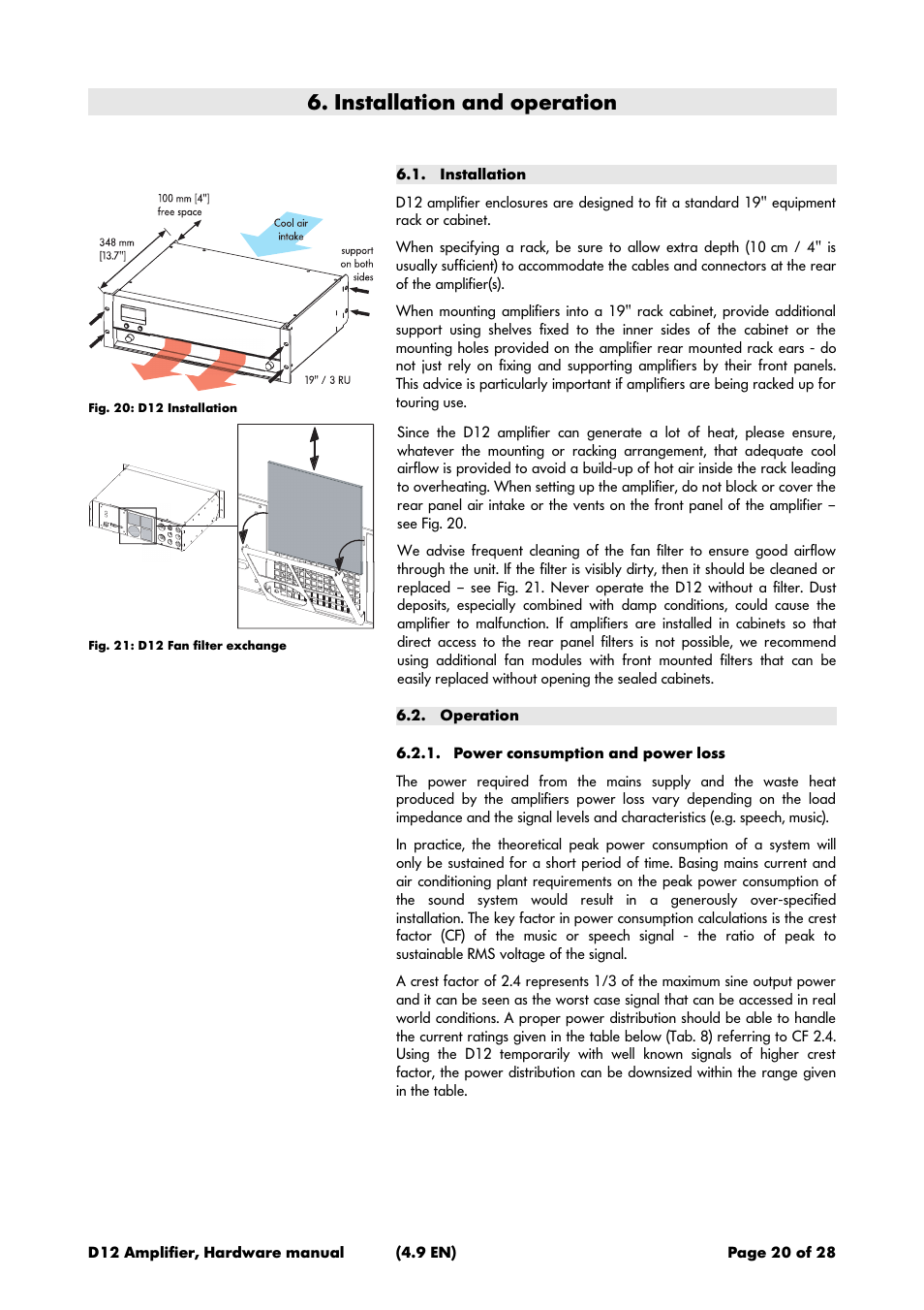 Installation and operation, Installation, Operation | Power consumption and power loss | d&b D12 Hardware User Manual | Page 20 / 28