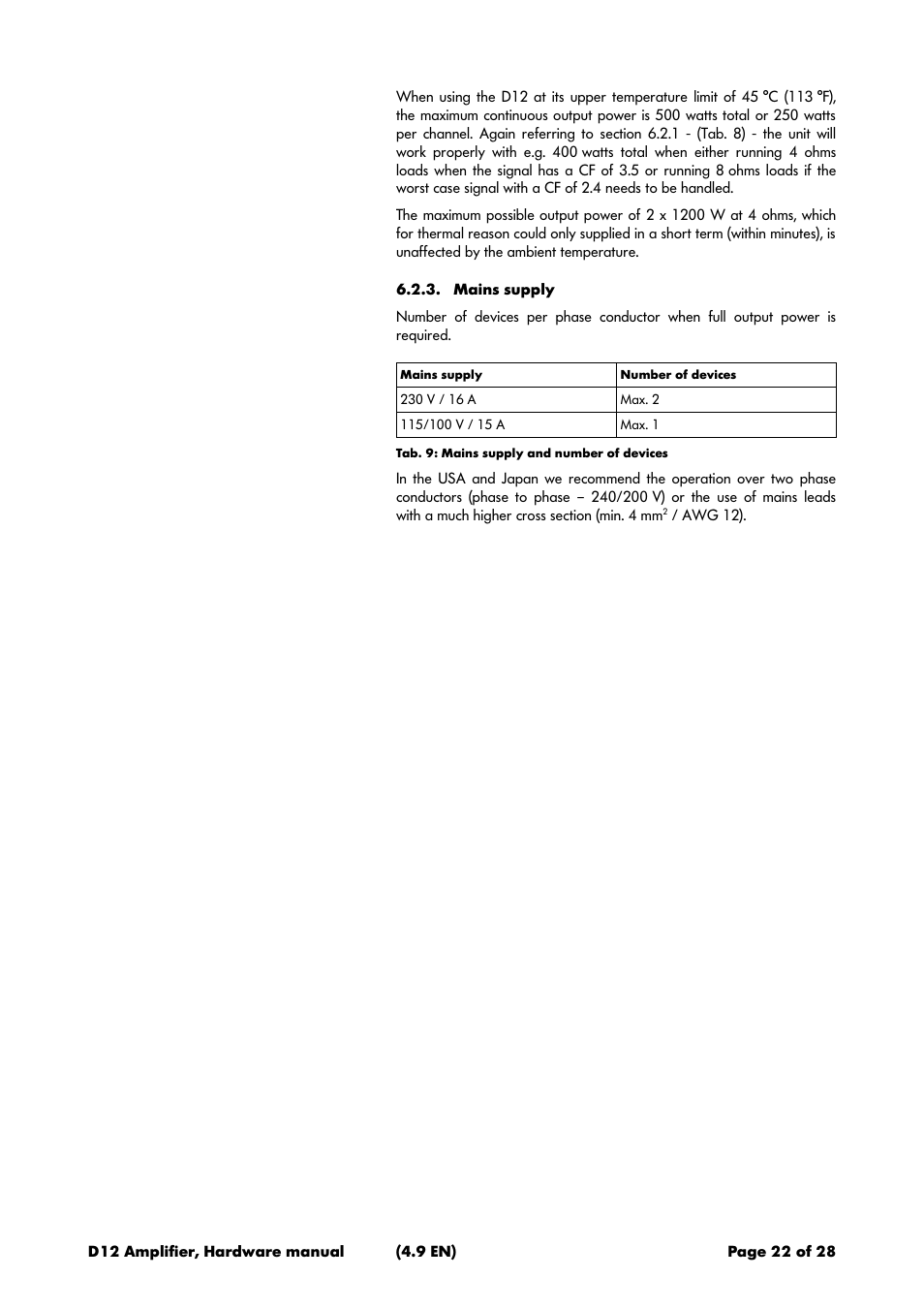 Mains supply | d&b D12 Hardware User Manual | Page 22 / 28