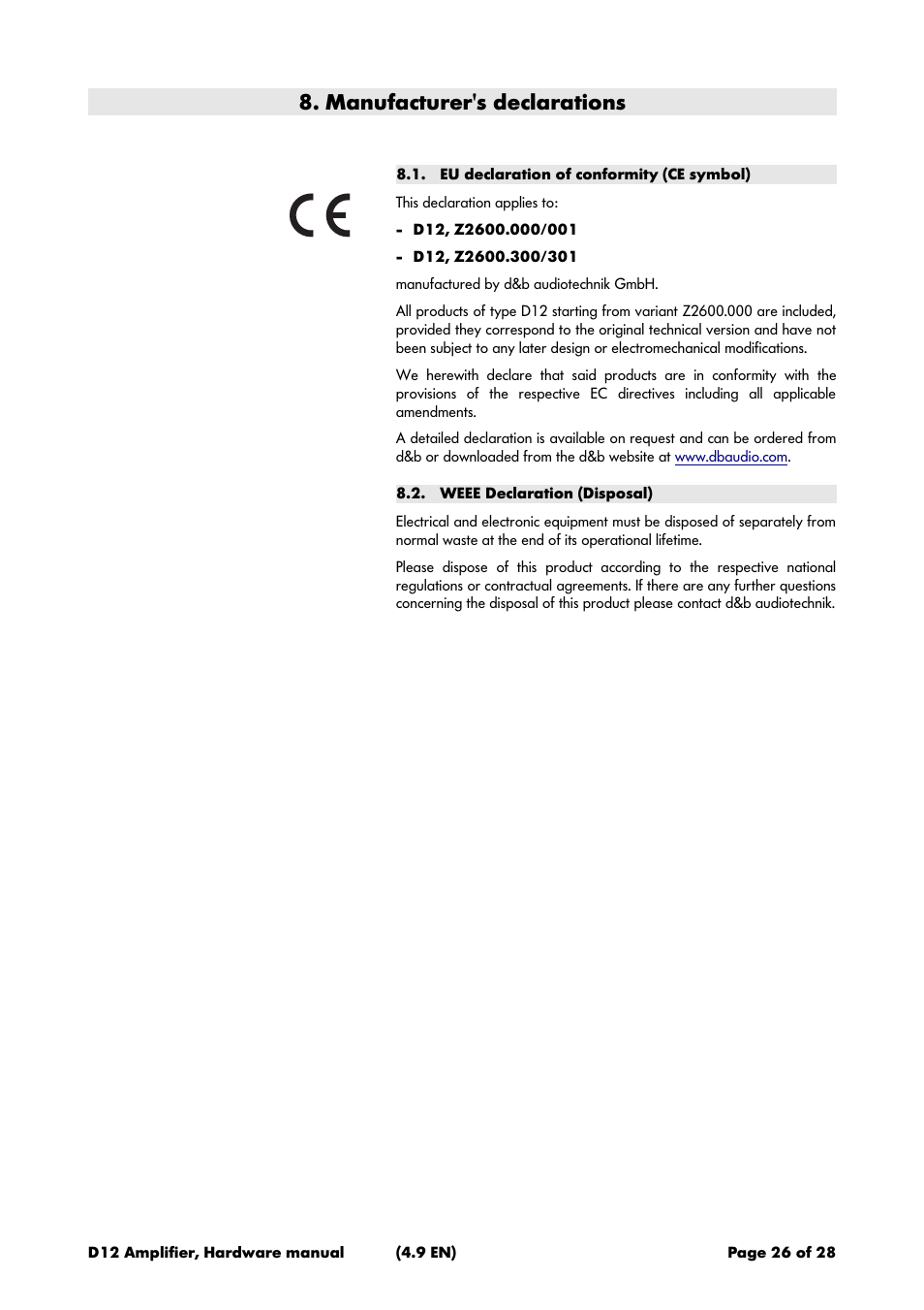 Manufacturer's declarations, Eu declaration of conformity (ce symbol), Weee declaration (disposal) | d&b D12 Hardware User Manual | Page 26 / 28