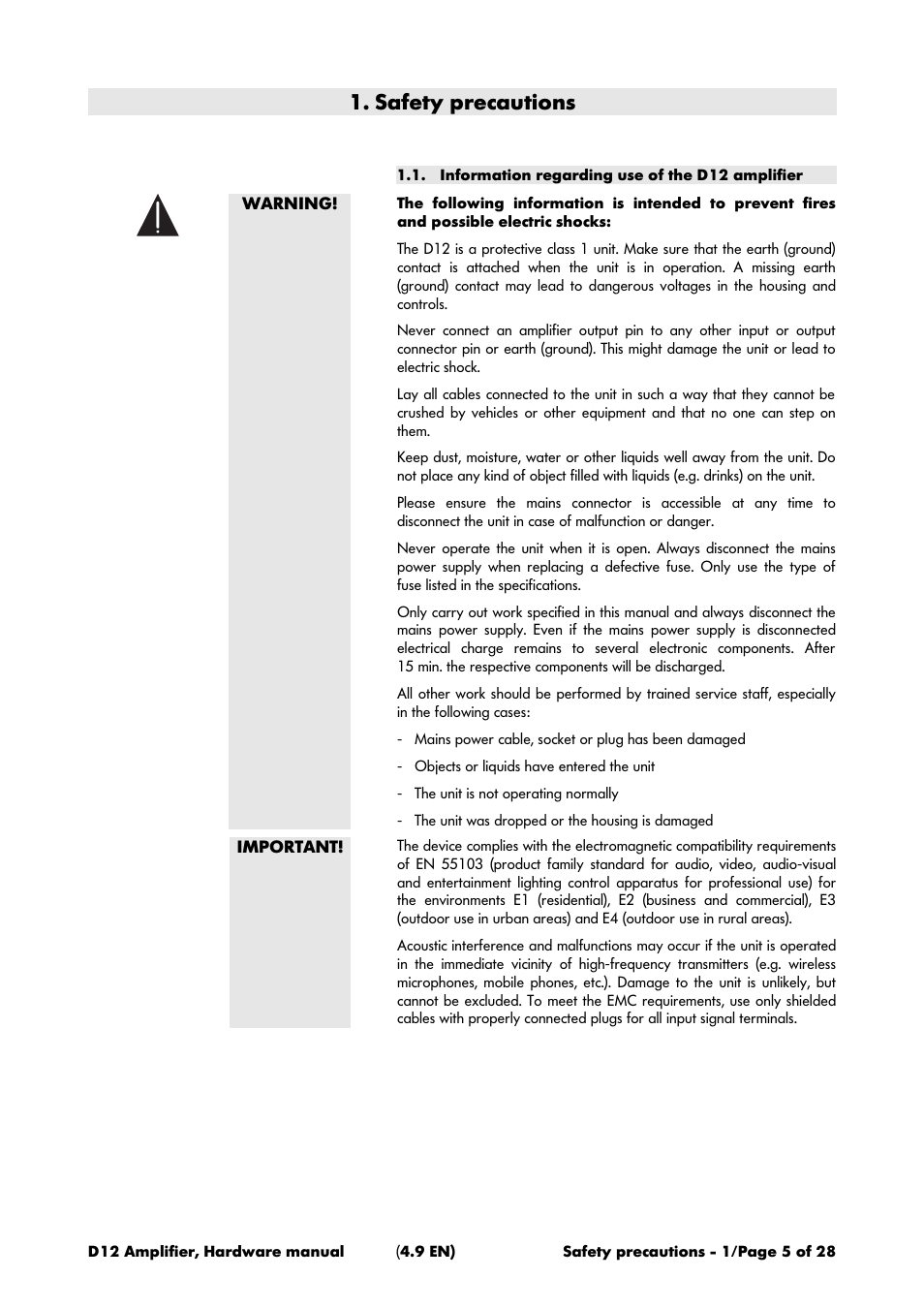 Safety precautions, Information regarding use of the d12 amplifier | d&b D12 Hardware User Manual | Page 5 / 28