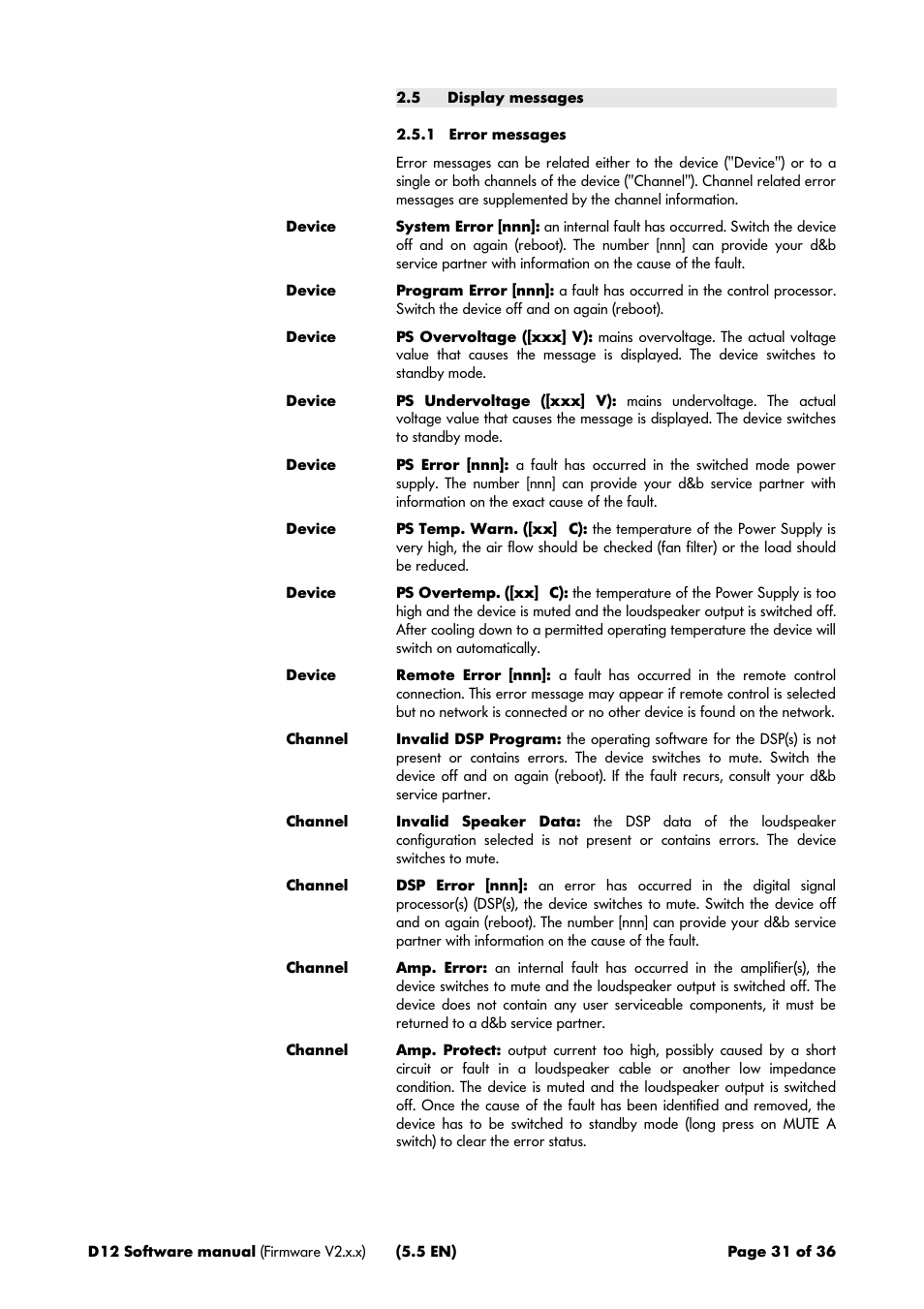 5 display messages, 1 error messages | d&b D12 Software User Manual | Page 31 / 36