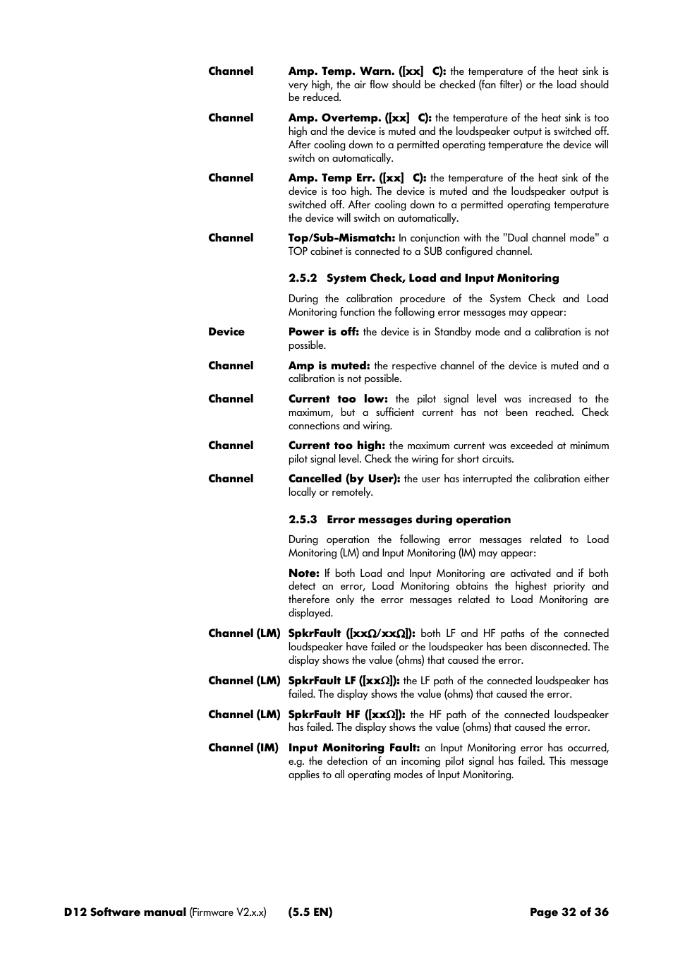 2 system check, load and input monitoring, 3 error messages during operation | d&b D12 Software User Manual | Page 32 / 36