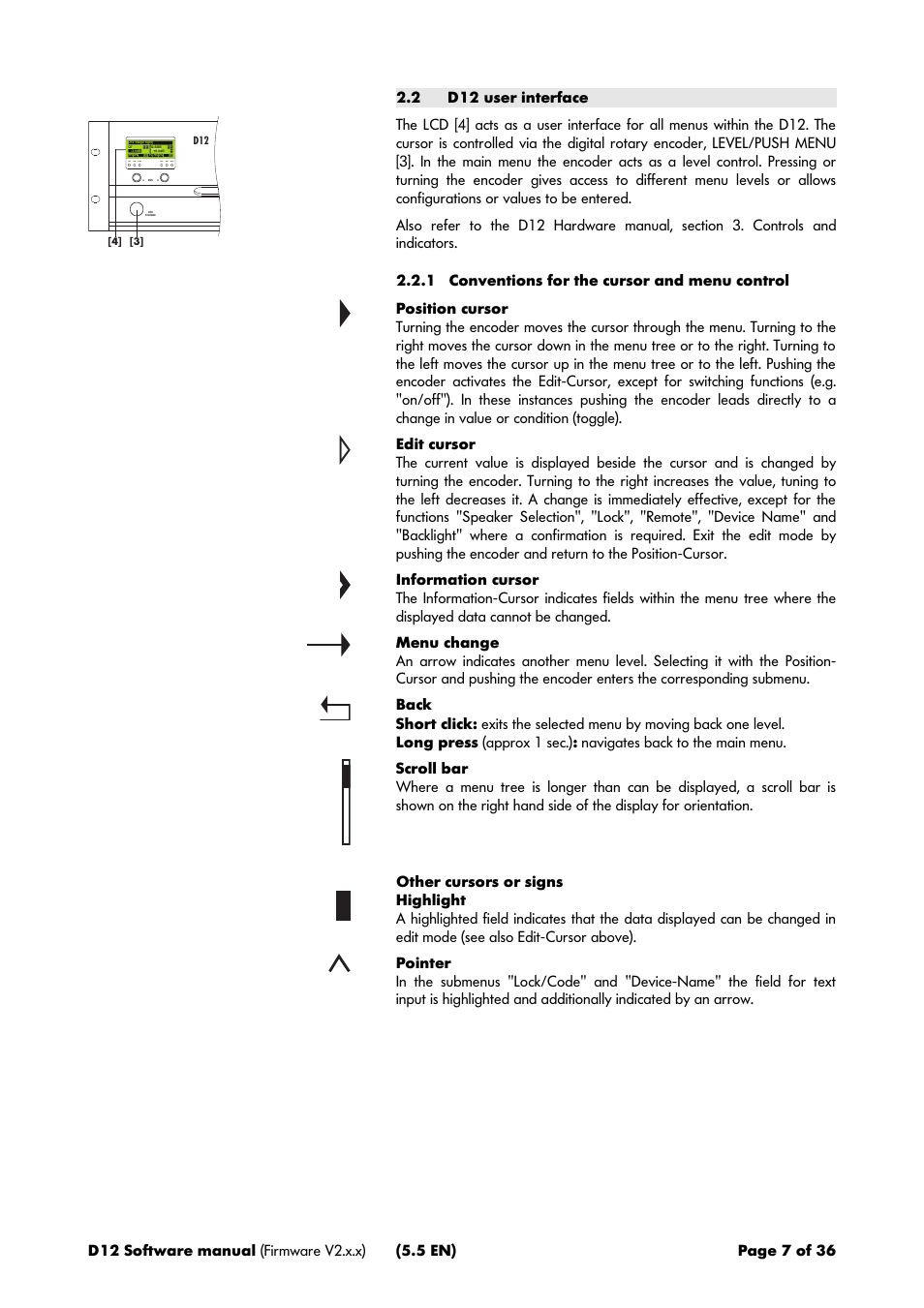 2 d12 user interface, 1 conventions for the cursor and menu control | d&b D12 Software User Manual | Page 7 / 36