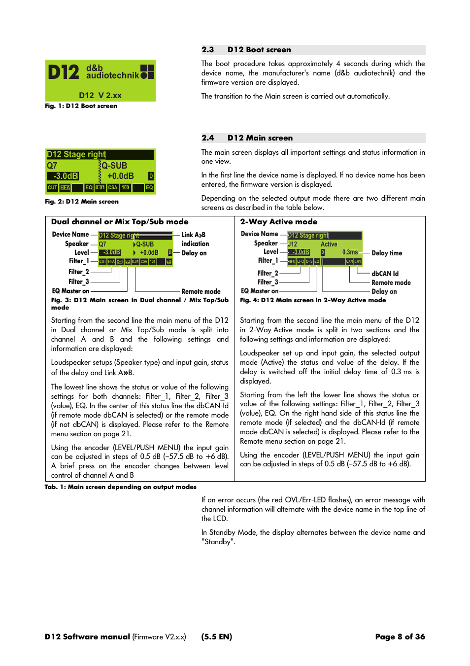 3 d12 boot screen, 4 d12 main screen, D&b audiotechnik | Q-sub +0.0db | d&b D12 Software User Manual | Page 8 / 36