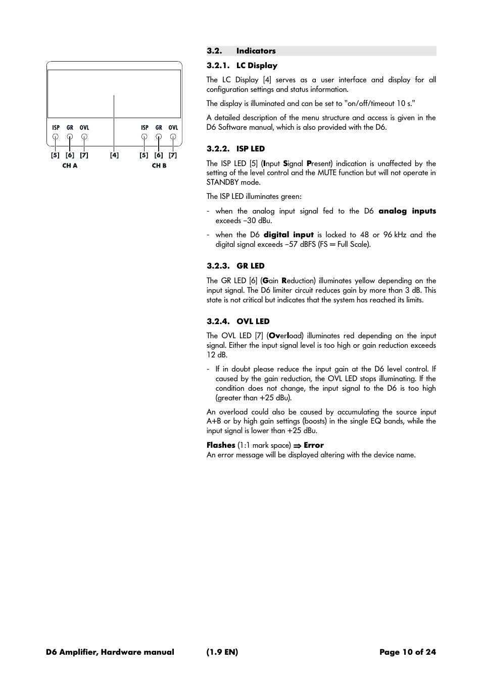 Indicators, Lc display, Isp led | Gr led, Ovl led | d&b D6 Hardware User Manual | Page 10 / 24