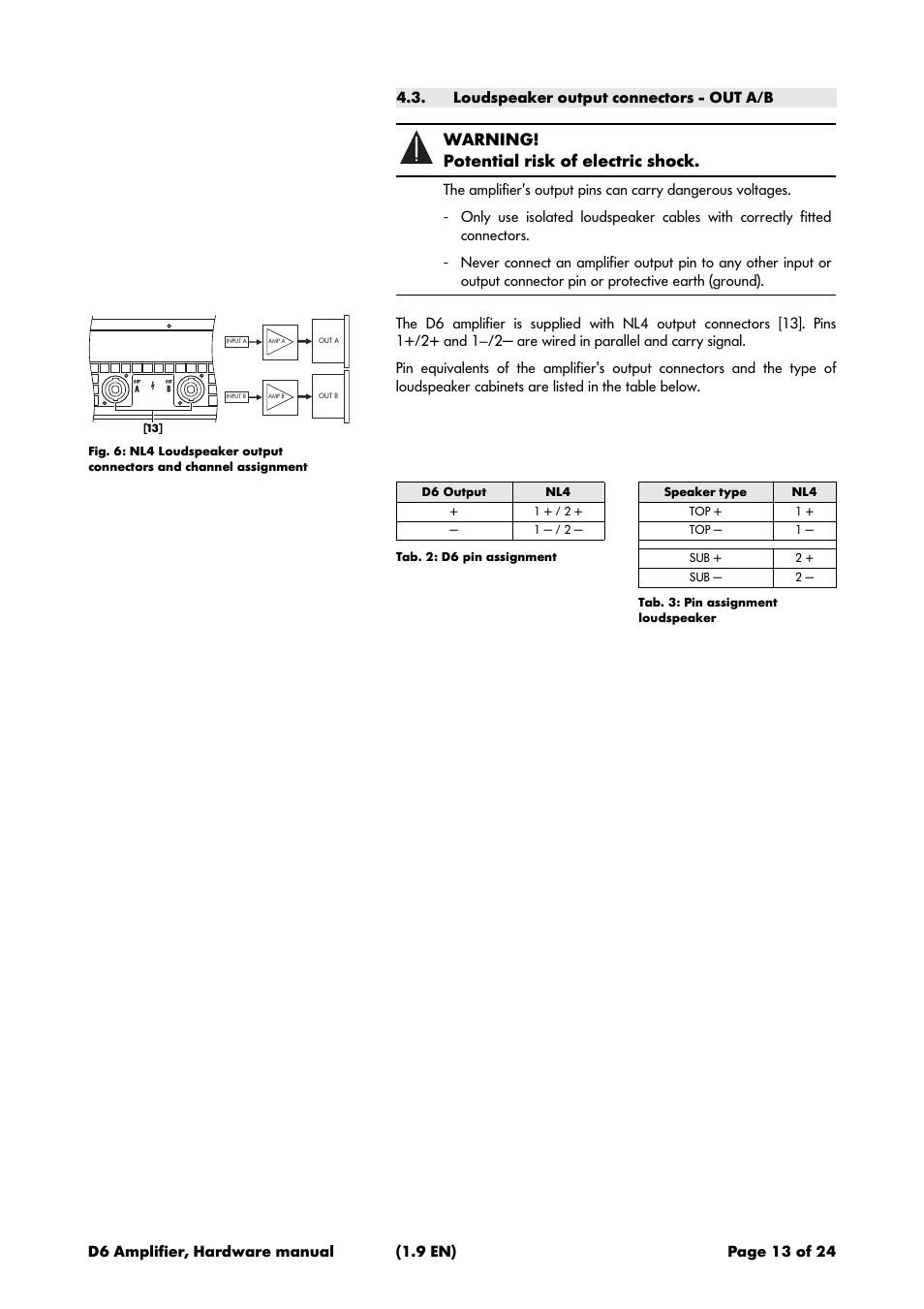 Loudspeaker output connectors - out a/b, Warning! potential risk of electric shock | d&b D6 Hardware User Manual | Page 13 / 24