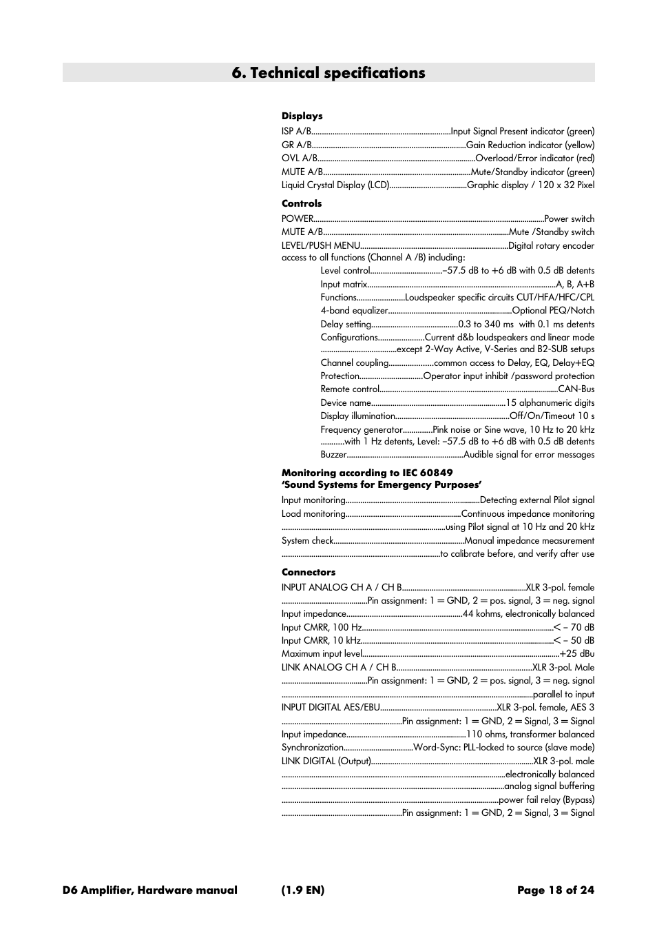 Technical specifications | d&b D6 Hardware User Manual | Page 18 / 24