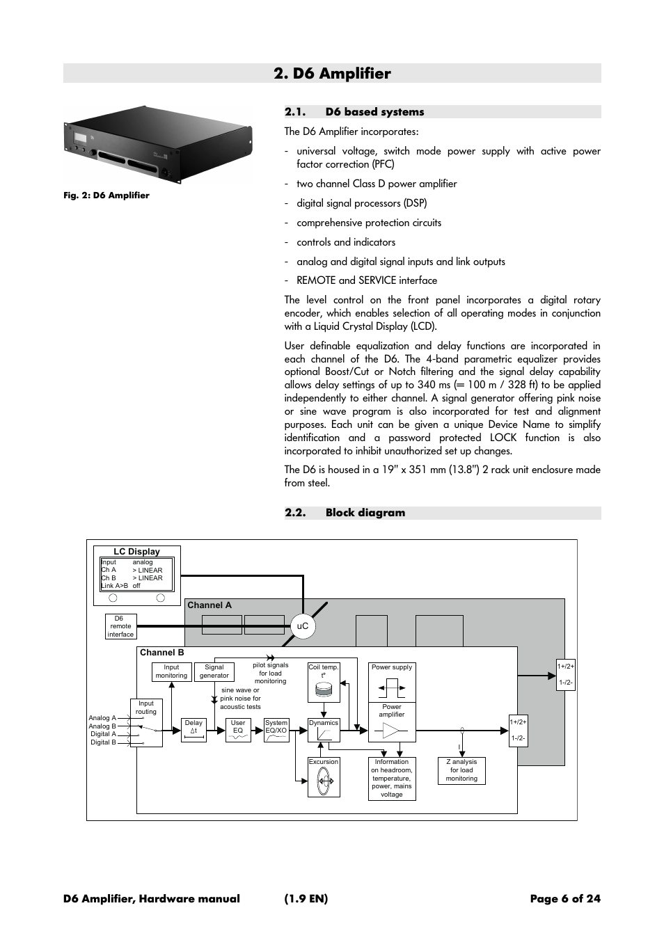 D6 amplifier, D6 based systems, Block diagram | d&b D6 Hardware User Manual | Page 6 / 24