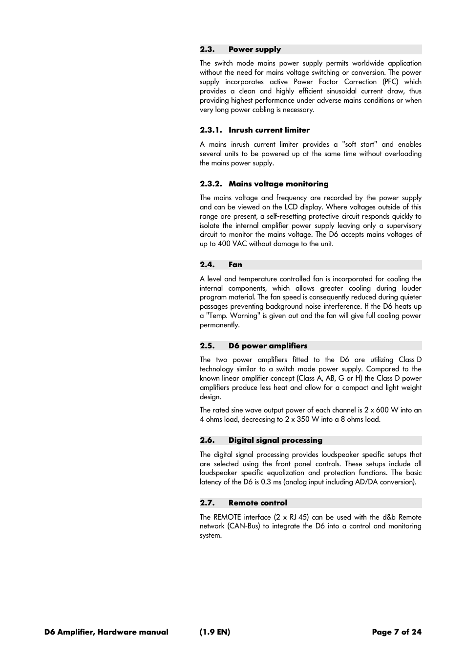Power supply, Inrush current limiter, Mains voltage monitoring | D6 power amplifiers, Digital signal processing, Remote control | d&b D6 Hardware User Manual | Page 7 / 24