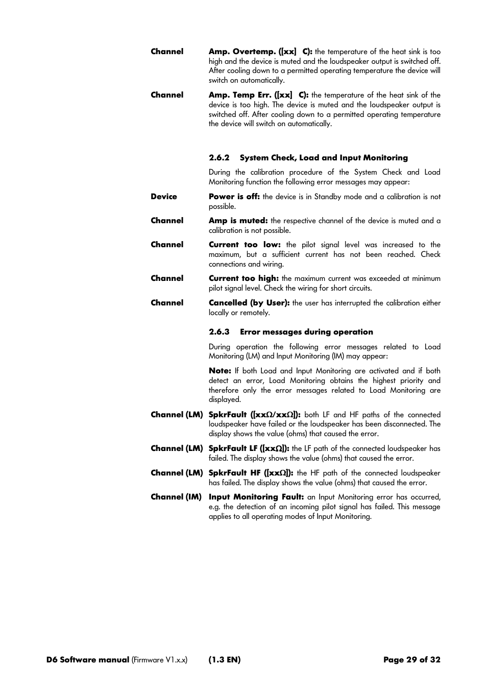 2 system check, load and input monitoring, 3 error messages during operation | d&b D6 Software User Manual | Page 29 / 32