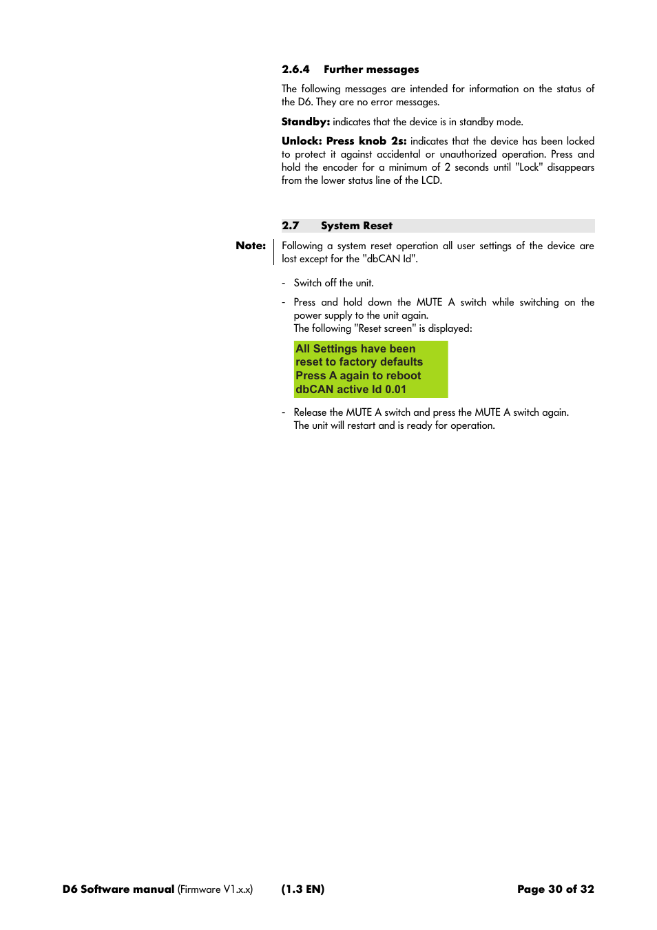 4 further messages, 7 system reset | d&b D6 Software User Manual | Page 30 / 32