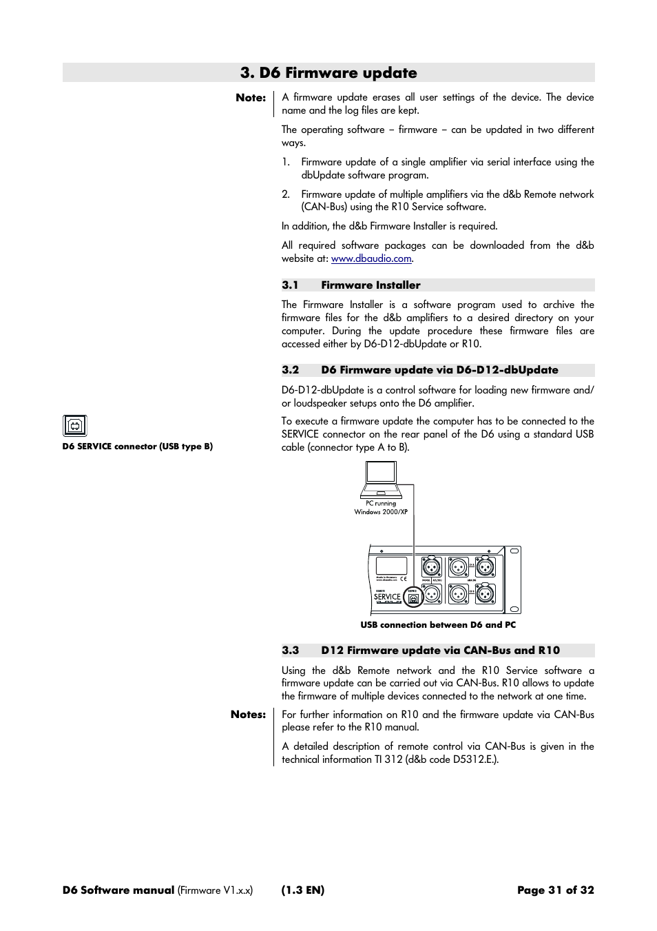 D6 firmware update, 1 firmware installer, 2 d6 firmware update via d6-d12-dbupdate | 3 d12 firmware update via can-bus and r10 | d&b D6 Software User Manual | Page 31 / 32