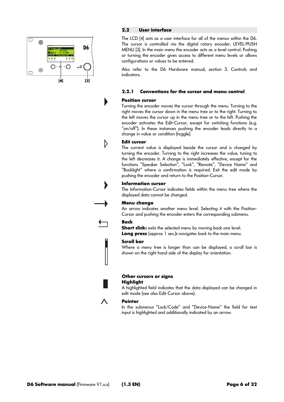 2 user interface, 1 conventions for the cursor and menu control | d&b D6 Software User Manual | Page 6 / 32