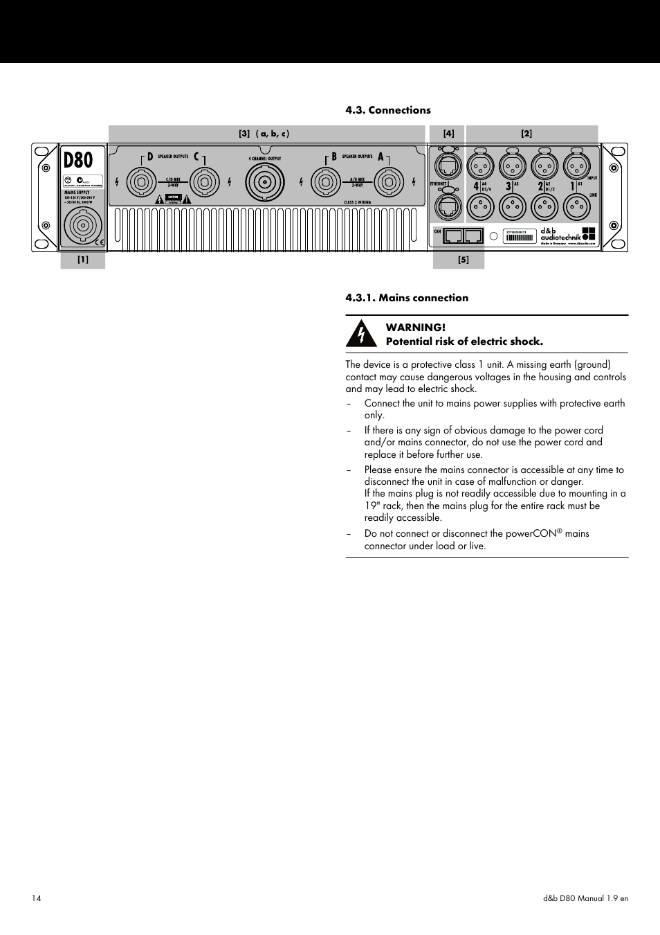 Connections, Mains connection, Connections 4.3.1. mains connection | Refer to þ chapter 4.3.1. "mains | d&b D80 User Manual | Page 14 / 84