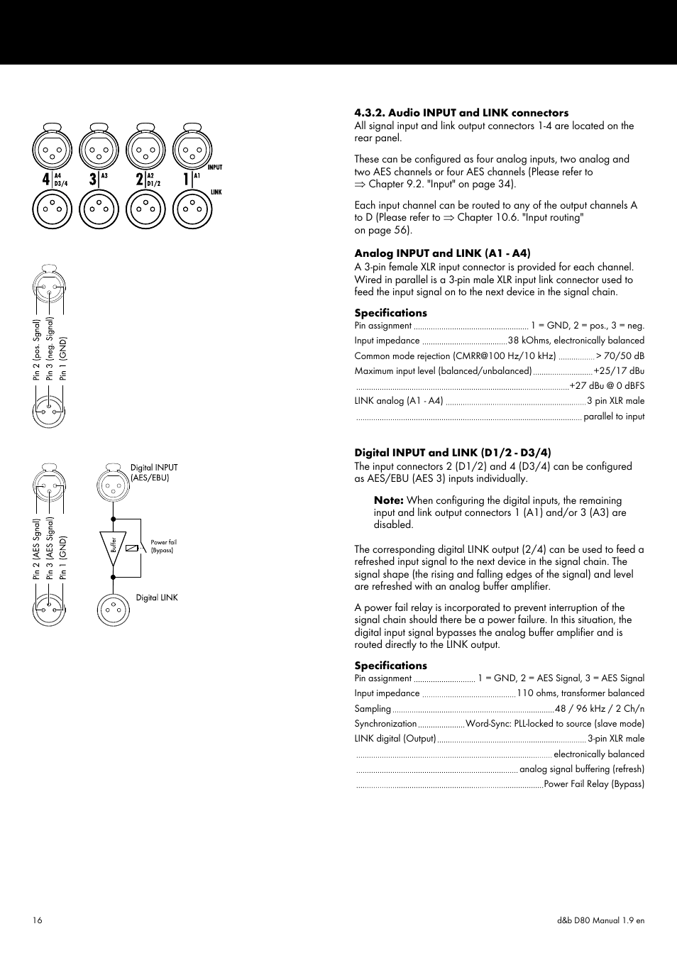 Audio input and link connectors, Refer to þ chapter 4.3.2. "audio, Input and link connectors | d&b D80 User Manual | Page 16 / 84