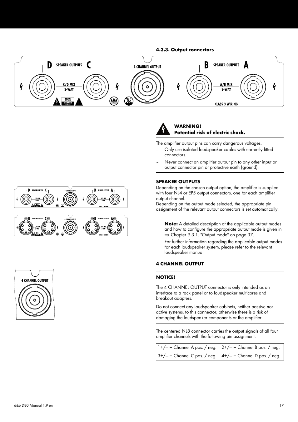 Output connectors, Refer to þ chapter 4.3.3. "output | d&b D80 User Manual | Page 17 / 84