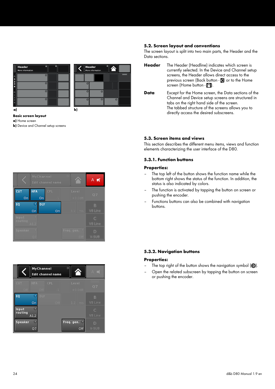 Screen layout and conventions, Screen items and views, Function buttons | Navigation buttons | d&b D80 User Manual | Page 24 / 84