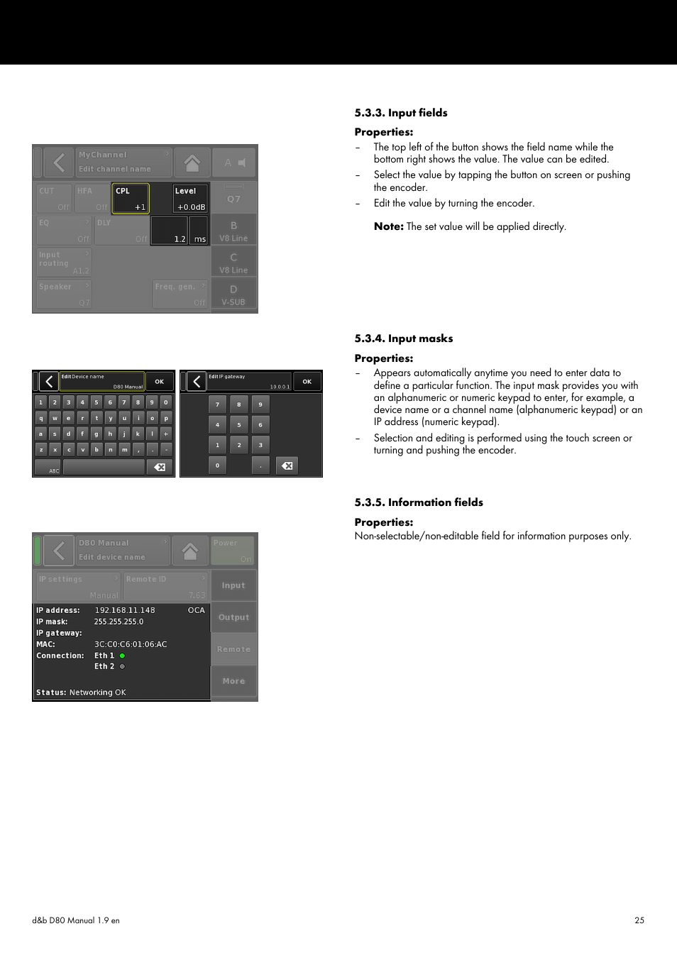 Input fields, Input masks, Information fields | d&b D80 User Manual | Page 25 / 84
