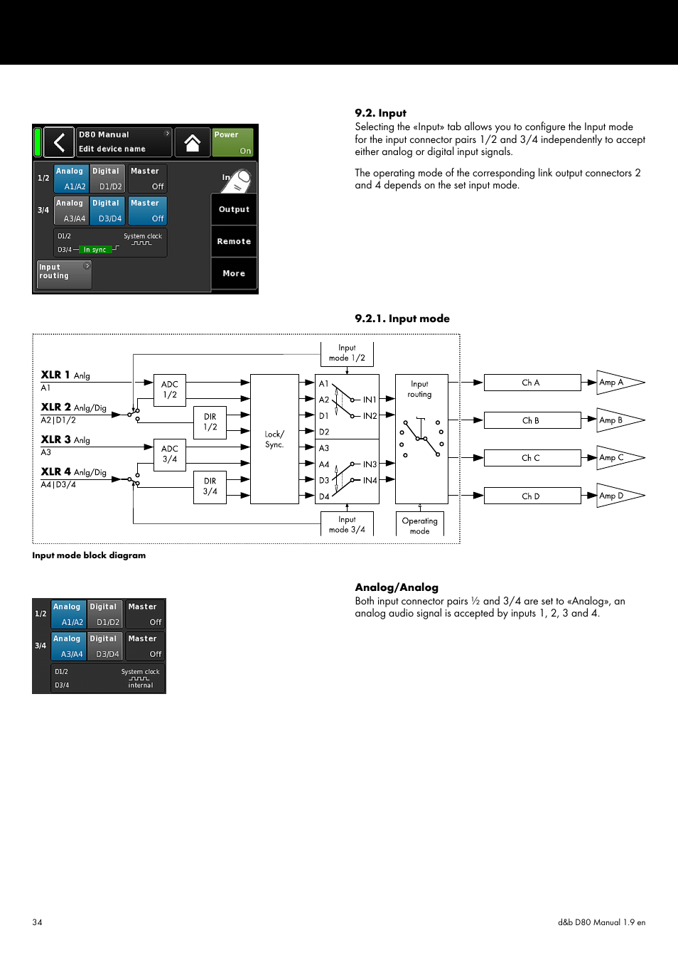Input, Input mode, Input 9.2.1. input mode | d&b D80 User Manual | Page 34 / 84