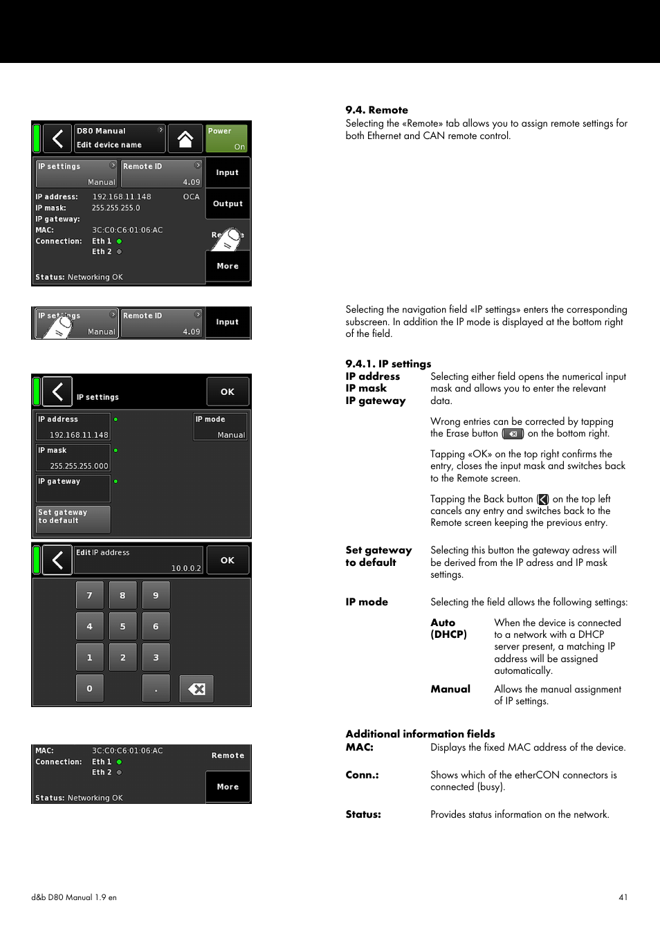 Remote, Ip settings, Remote 9.4.1. ip settings | The reference chapter þ chapter 9.4. "remote | d&b D80 User Manual | Page 41 / 84