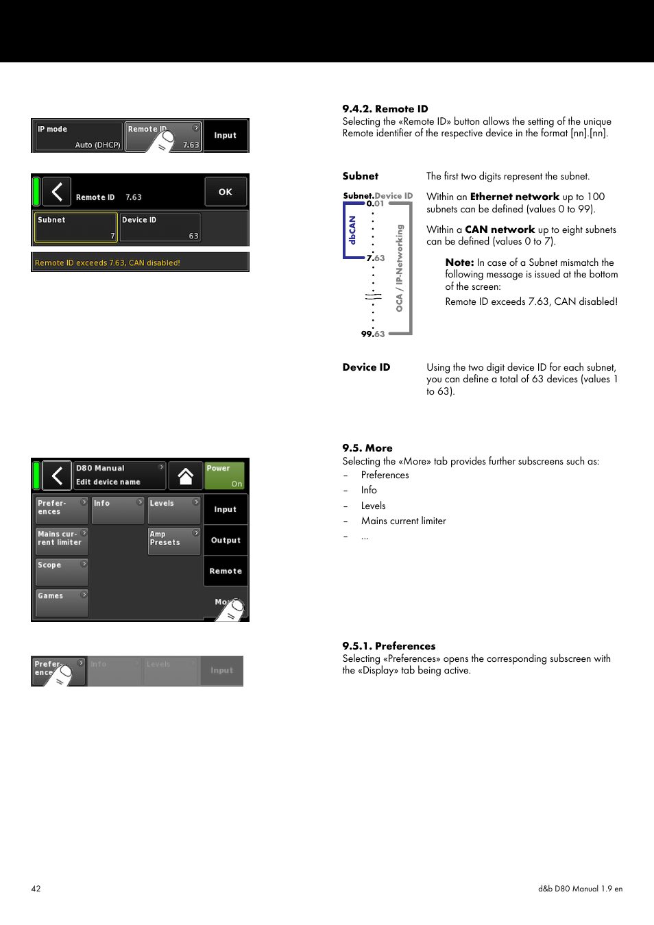 Remote id, More, Preferences | Remote id 9.5. more 9.5.1. preferences | d&b D80 User Manual | Page 42 / 84