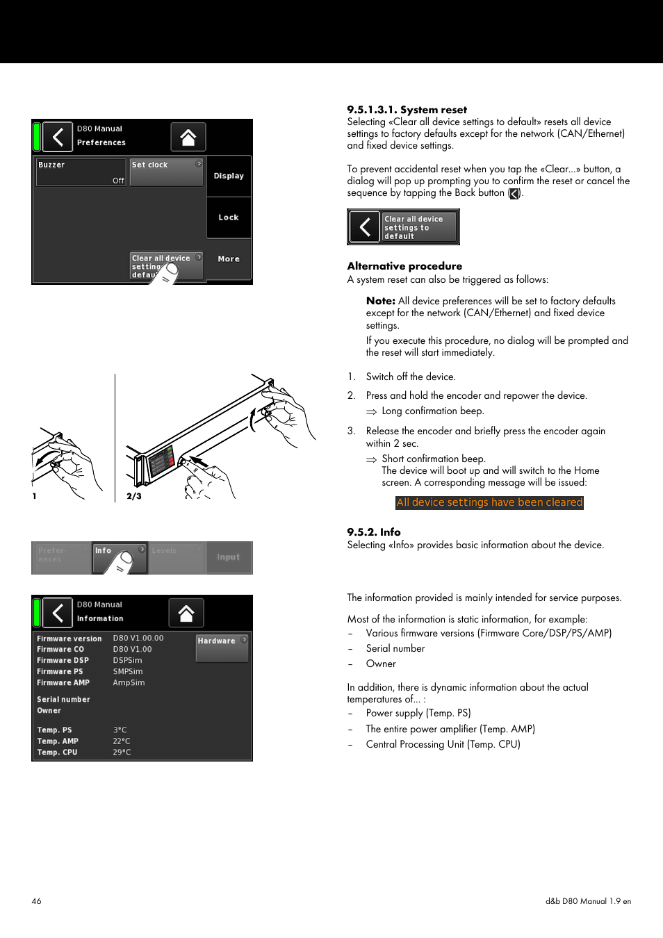 System reset, Info, System reset 9.5.2. info | d&b D80 User Manual | Page 46 / 84