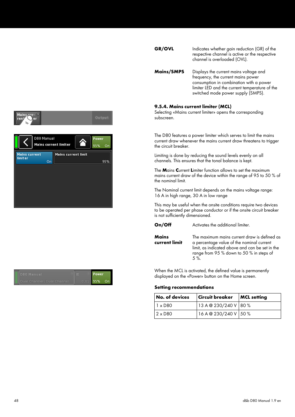 Mains current limiter (mcl) | d&b D80 User Manual | Page 48 / 84