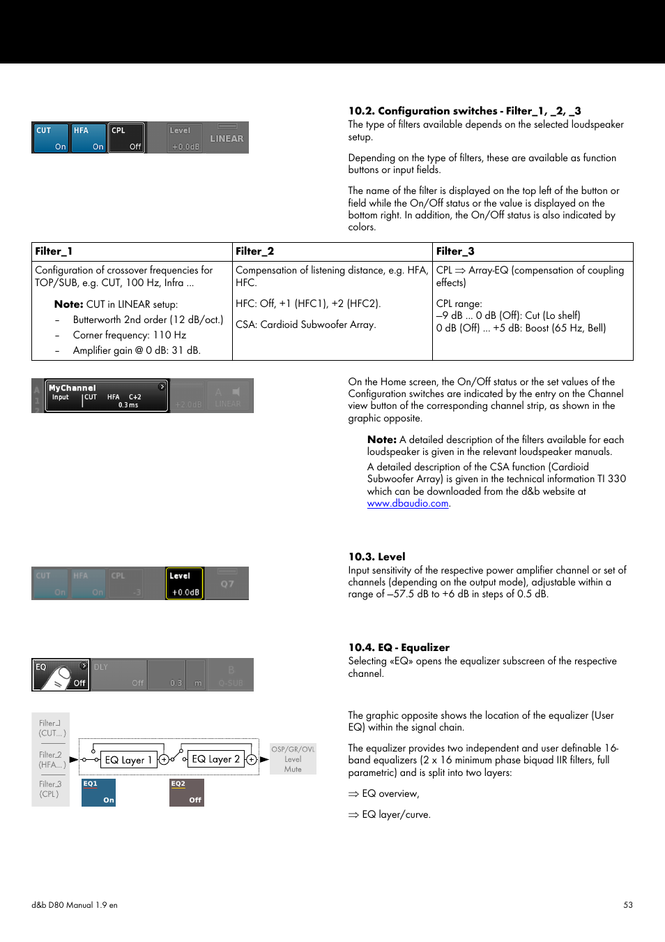 Configuration switches - filter_1, _2, _3, Level, Eq - equalizer | d&b D80 User Manual | Page 53 / 84