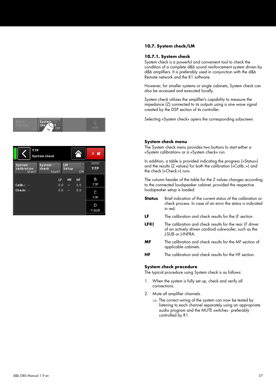System check/lm, System check, System check/lm 10.7.1. system check | d&b D80 User Manual | Page 57 / 84