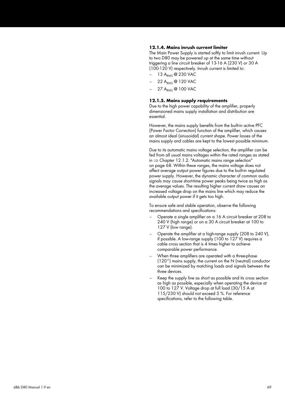Mains inrush current limiter, Mains supply requirements, Þ chapter 12.1.5. "mains supply | d&b D80 User Manual | Page 69 / 84