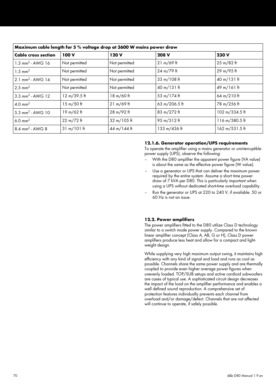 Generator operation/ups requirements, Power amplifiers | d&b D80 User Manual | Page 70 / 84