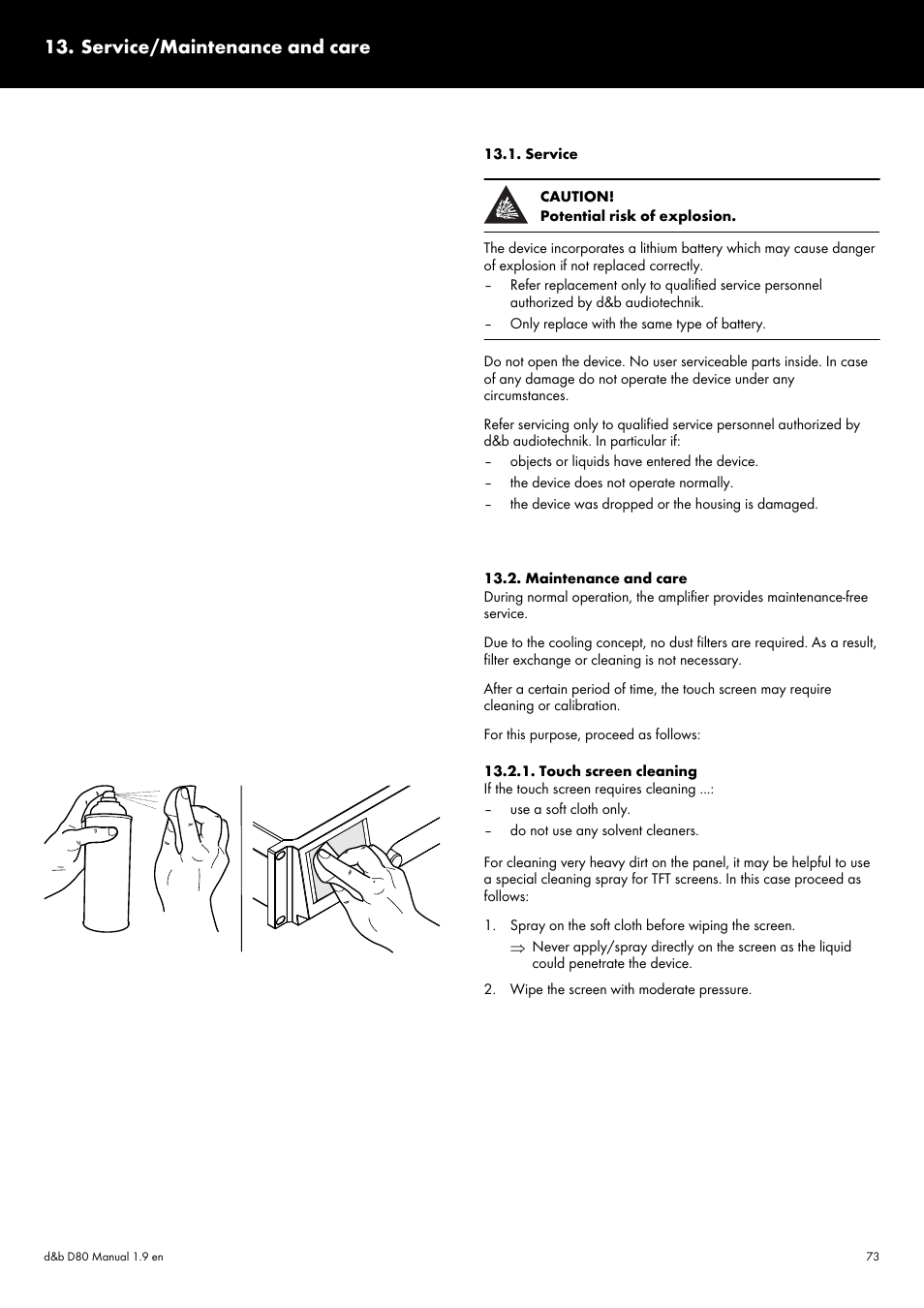 Service/maintenance and care, Service, Maintenance and care | Touch screen cleaning | d&b D80 User Manual | Page 73 / 84
