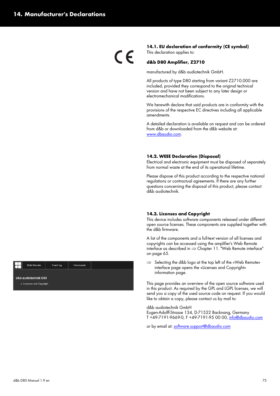 Manufacturer's declarations, Eu declaration of conformity (ce symbol), Weee declaration (disposal) | Licenses and copyright | d&b D80 User Manual | Page 75 / 84