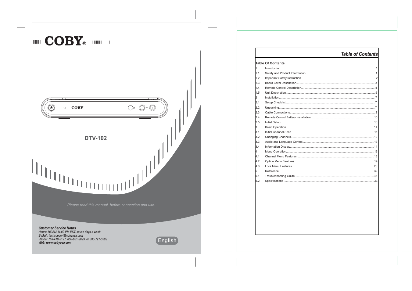 COBY electronic DTV-102 User Manual | 18 pages