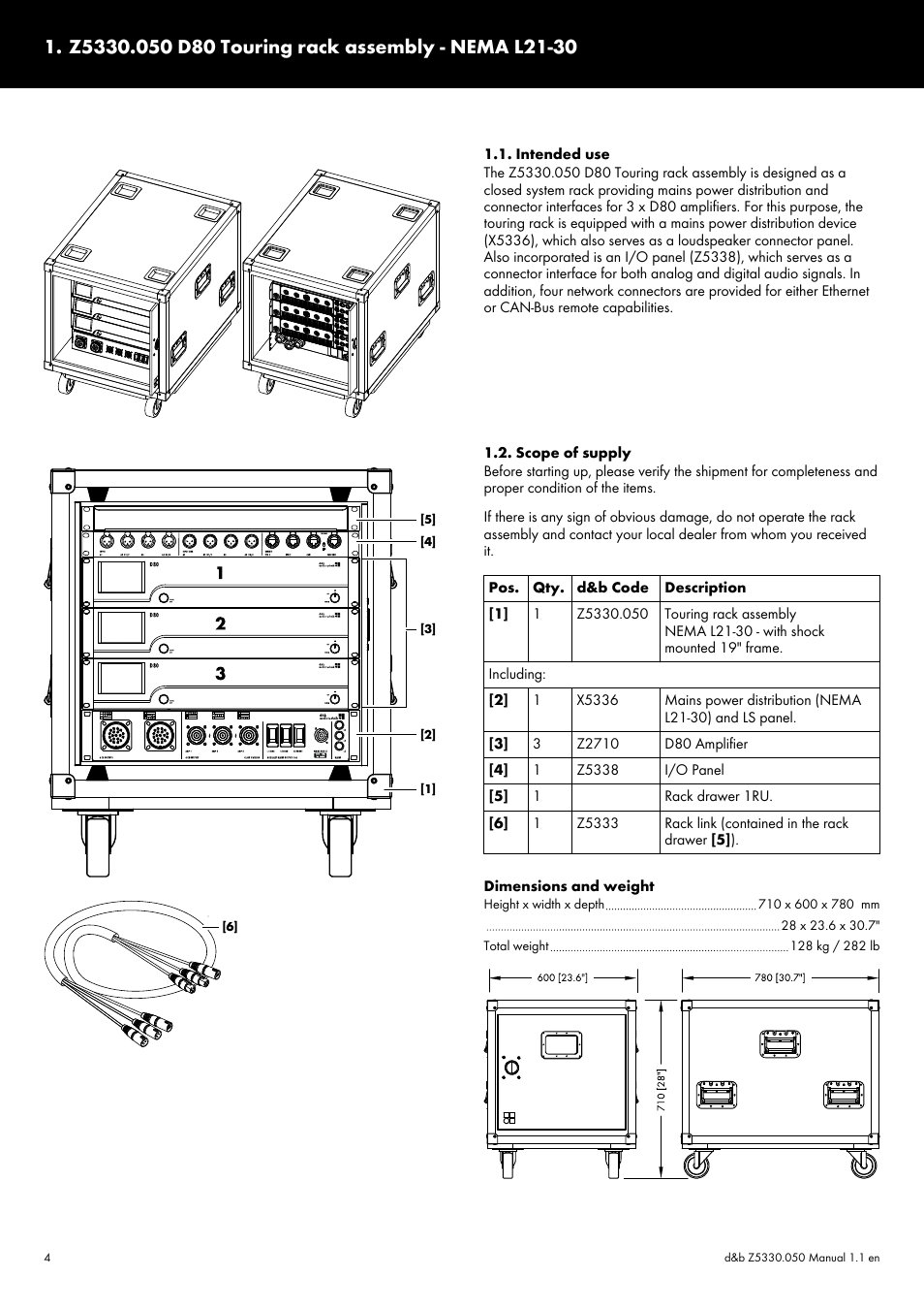 Z5330.050 d80 touring rack assembly - nema l21-30, Intended use, Scope of supply | Z5330.050 d80 touring rack assembly, Nema l21-30 1.1. intended use 1.2. scope of supply | d&b D80 Touring rack NEMA L21-30 User Manual | Page 4 / 15