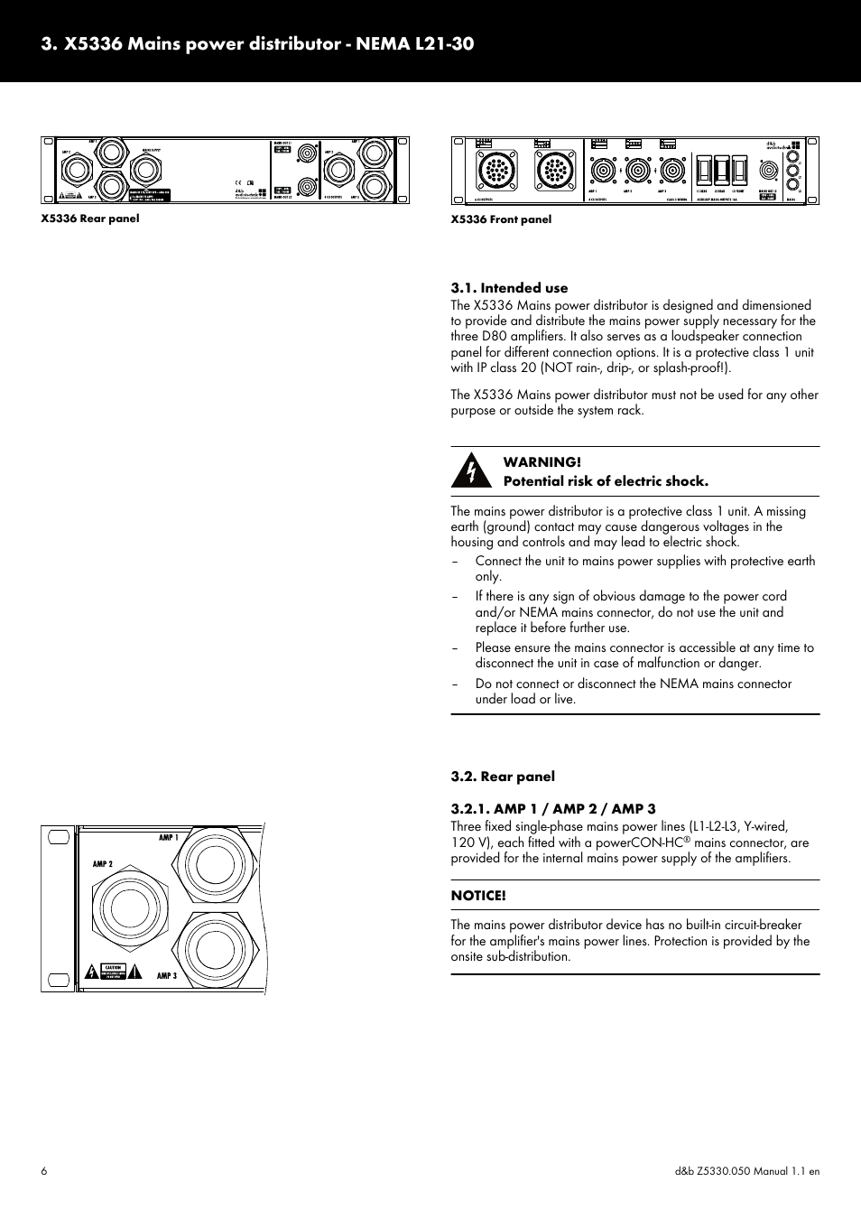 X5336 mains power distributor - nema l21-30, Intended use, Rear panel | Amp 1 / amp 2 / amp 3, X5336 mains power distributor | d&b D80 Touring rack NEMA L21-30 User Manual | Page 6 / 15