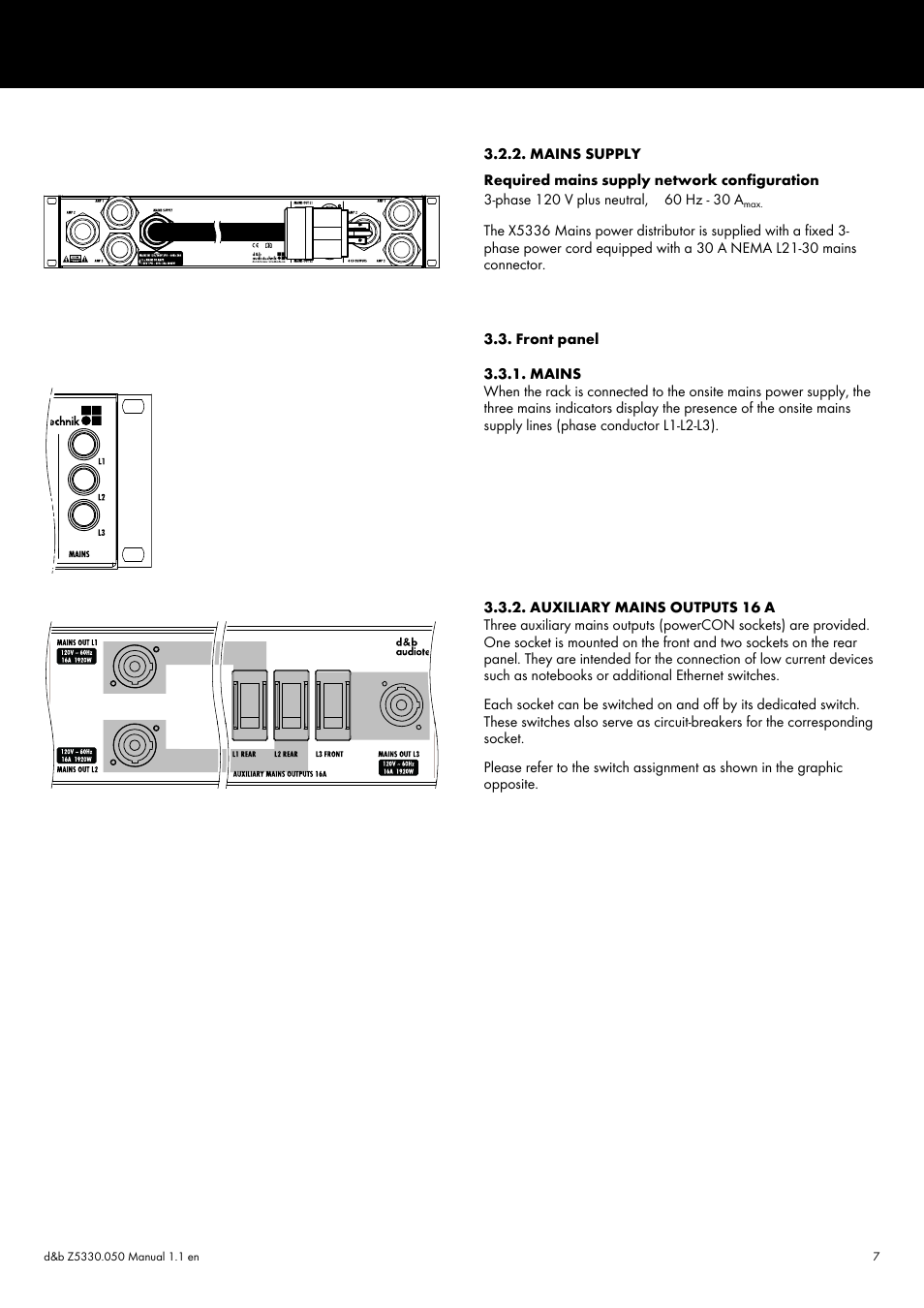 Mains supply, Front panel, Mains | Auxiliary mains outputs 16 a | d&b D80 Touring rack NEMA L21-30 User Manual | Page 7 / 15