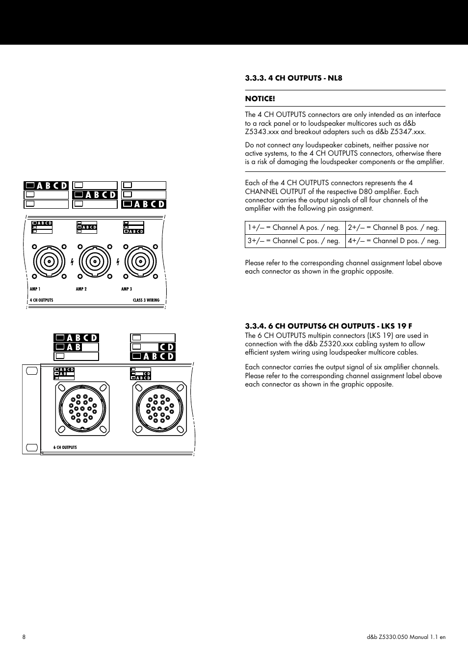 4 ch outputs - nl8, 6 ch outputs6 ch outputs - lks 19 f | d&b D80 Touring rack NEMA L21-30 User Manual | Page 8 / 15