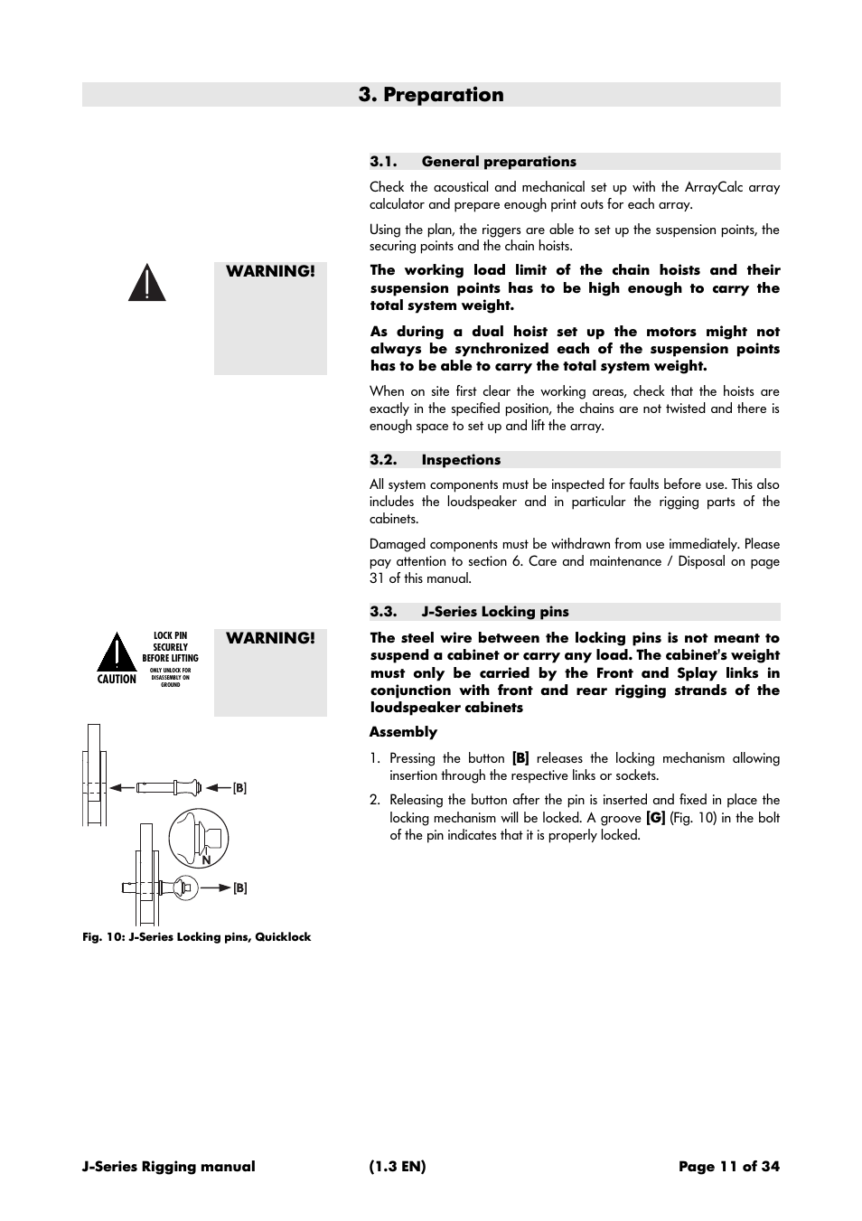 Preparation, General preparations, Inspections | J-series locking pins | d&b J-Series User Manual | Page 11 / 34