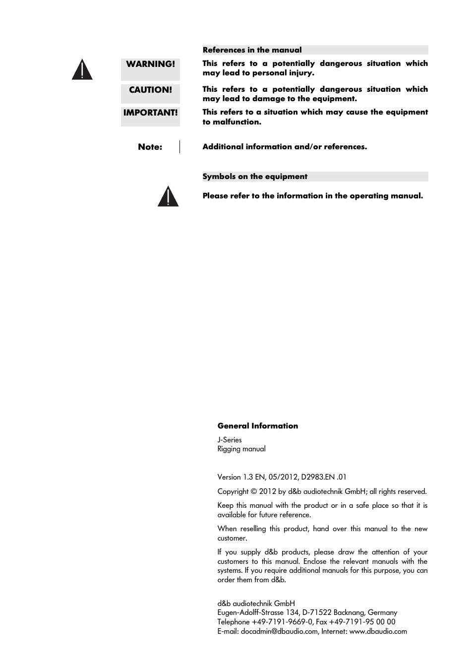 References in the manual, Symbols on the equipment | d&b J-Series User Manual | Page 2 / 34