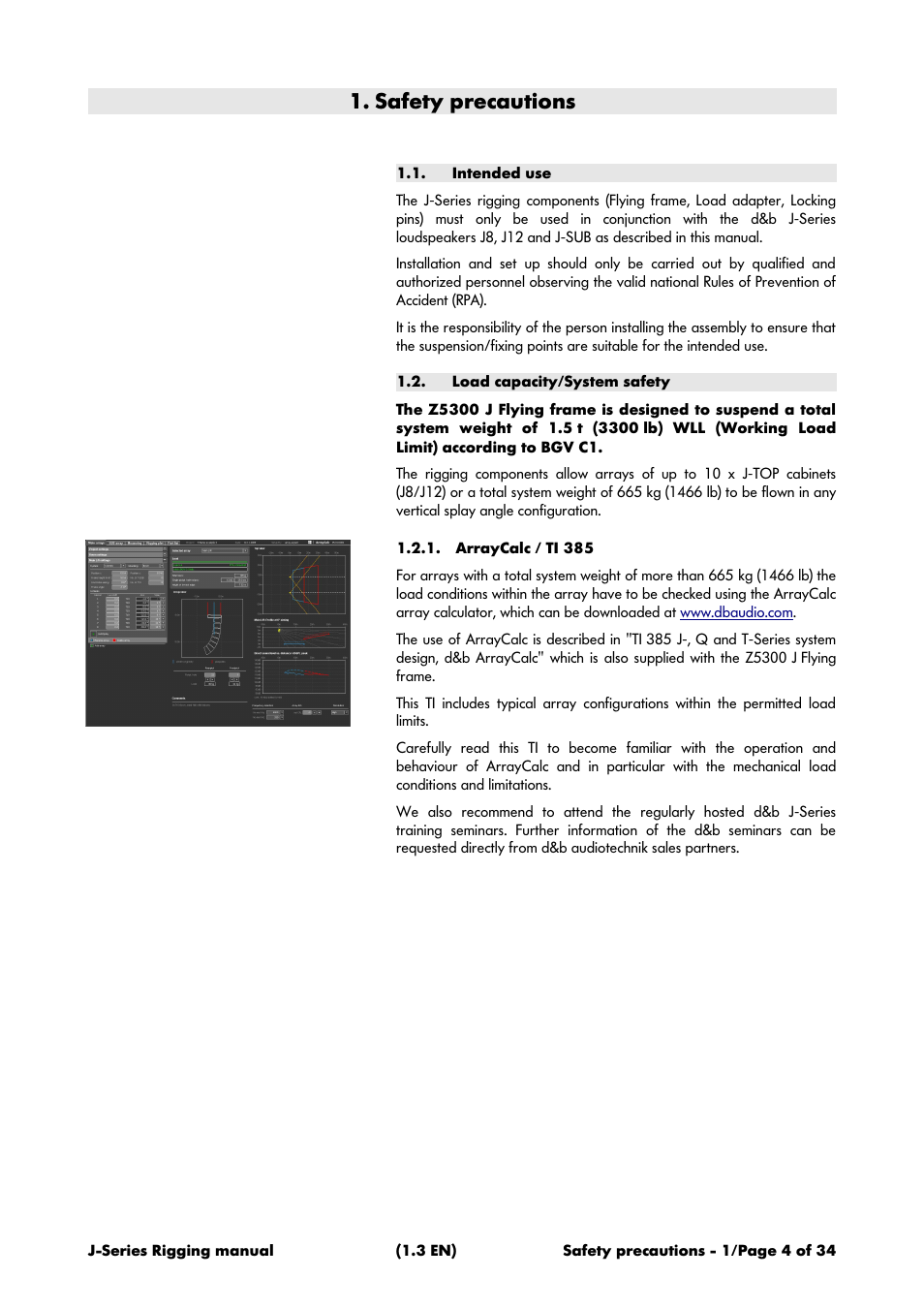 Safety precautions, Intended use, Load capacity/system safety | Arraycalc / ti 385 | d&b J-Series User Manual | Page 4 / 34