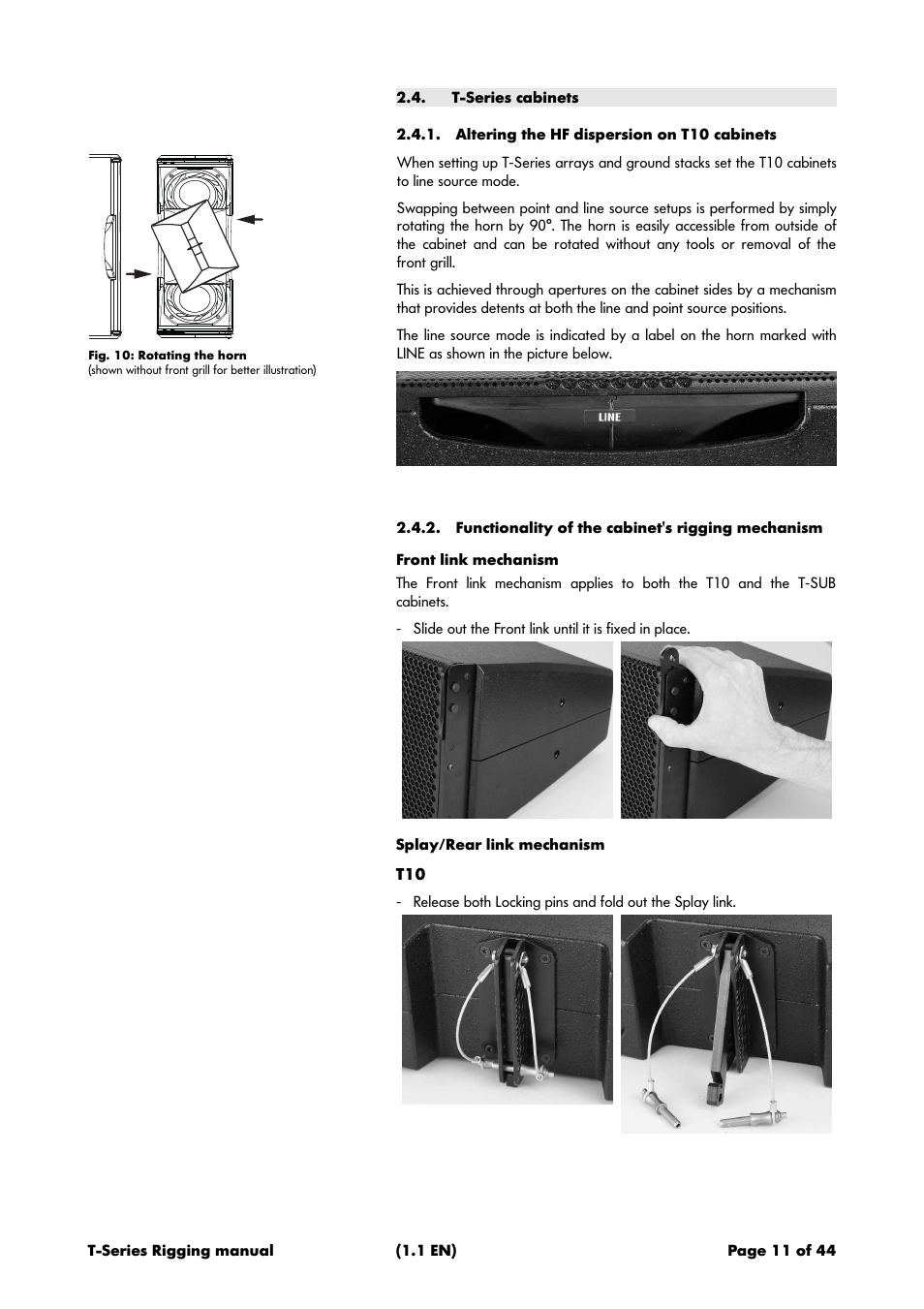 T-series cabinets, Altering the hf dispersion on t10 cabinets, Functionality of the cabinet's rigging mechanism | Front link mechanism, Splay/rear link mechanism | d&b T-Series User Manual | Page 11 / 44