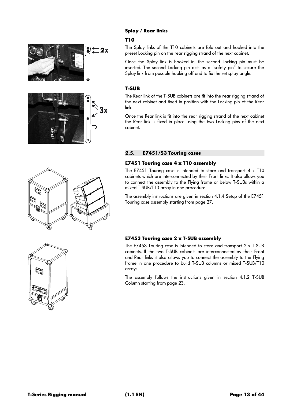 Splay / rear links, E7451/53 touring cases, E7451 touring case 4 x t10 assembly | E7453 touring case 2 x t-sub assembly | d&b T-Series User Manual | Page 13 / 44