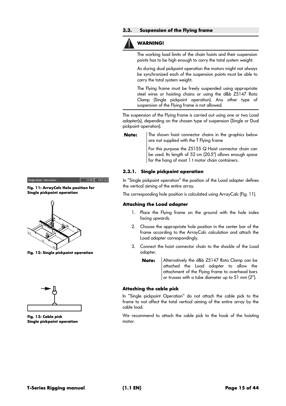 Suspension of the flying frame, Single pickpoint operation, Attaching the load adapter | Attaching the cable pick, 1 single pickpoint operation | d&b T-Series User Manual | Page 15 / 44