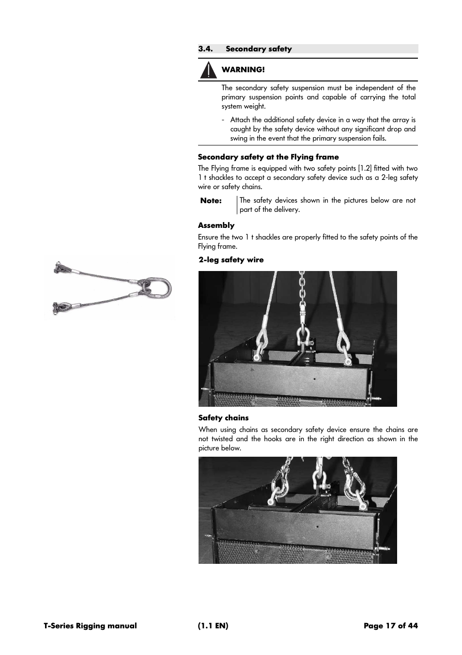 Secondary safety, Secondary safety at the flying frame, Assembly | Leg safety wire, Safety chains, 4 secondary safety | d&b T-Series User Manual | Page 17 / 44